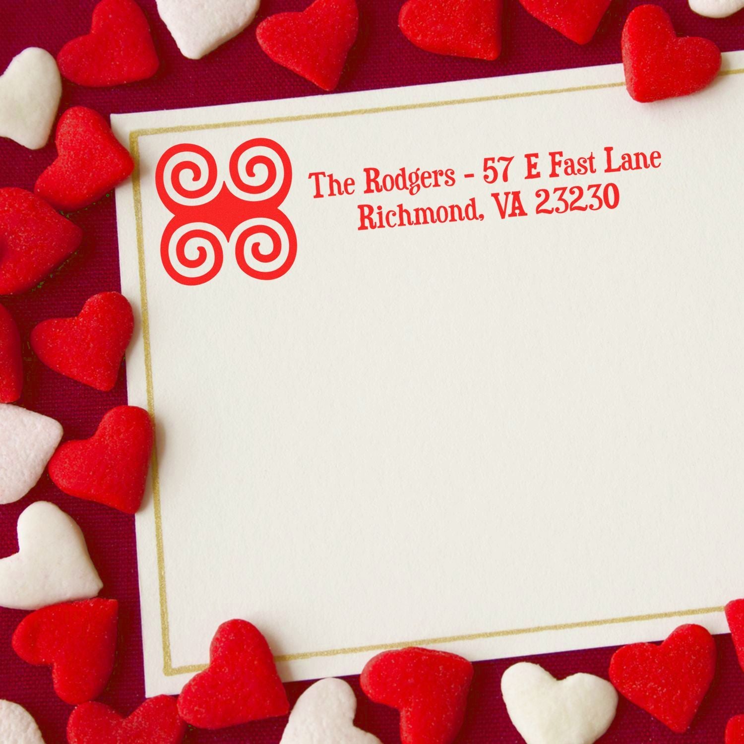 Custom return address rubber stamp with heart design on Valentine stationery, featuring The Rodgers, Richmond, VA.