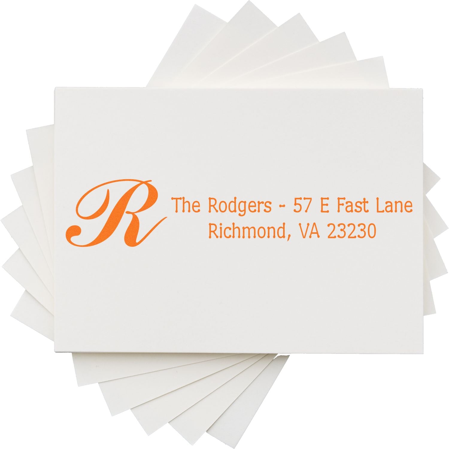 Personalized return address rubber stamp with monogram and Richmond, VA address on white stationery.