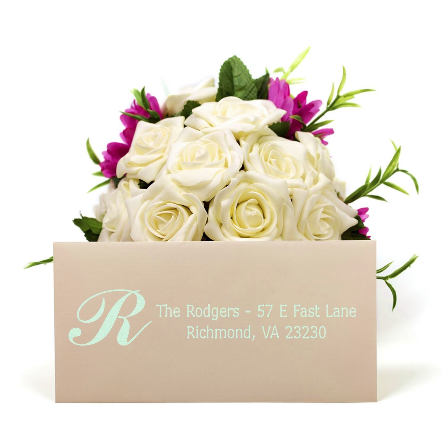 Custom monogram return address rubber stamp for The Rodgers, featuring a floral wedding gift packaging design.