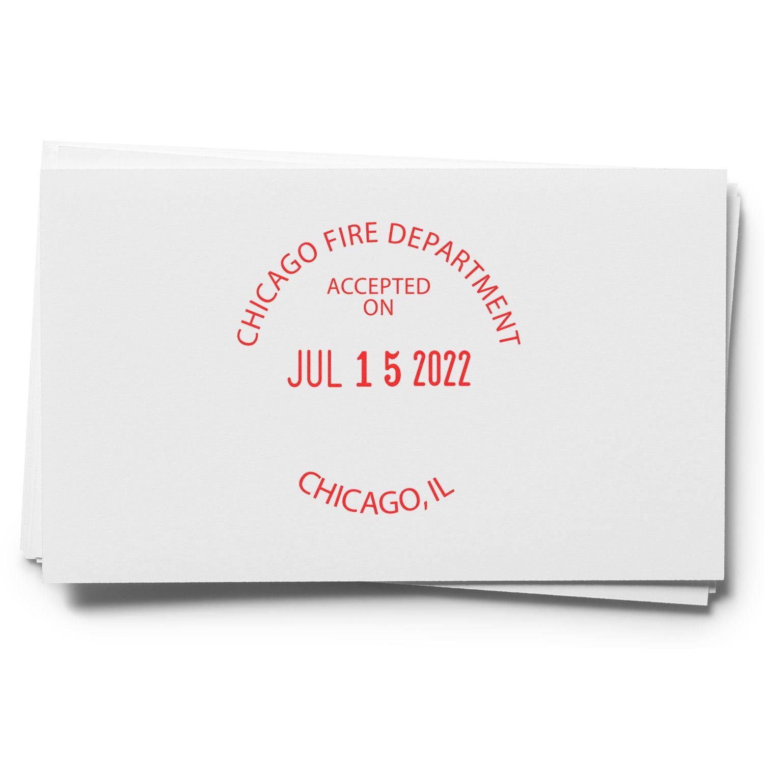 Stack of white invitation cards stamped Chicago Fire Department Accepted On Jul 15 2022 in Chicago, Illinois.
