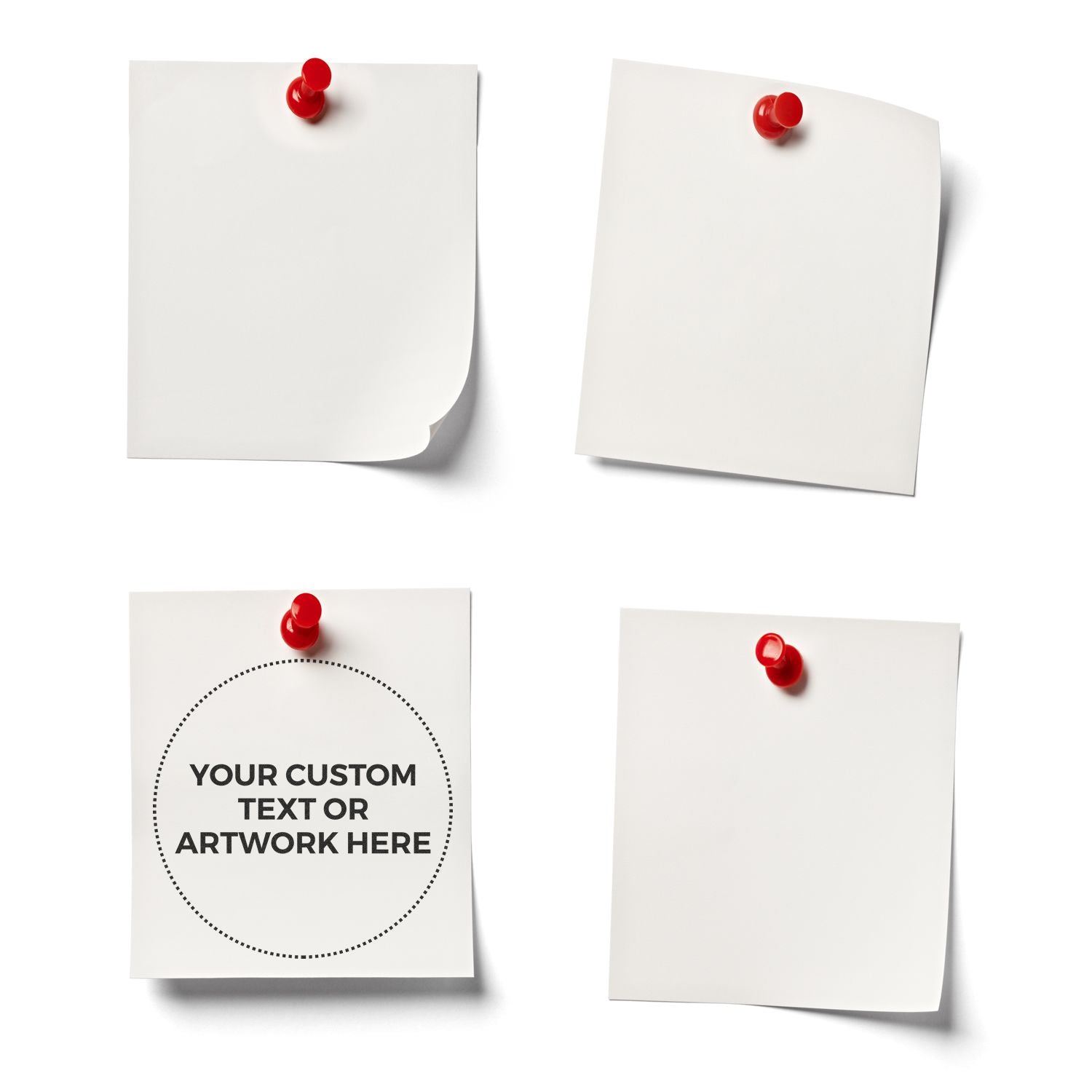 Blank sticky note templates pinned with red pushpins, including a customizable text area for office stationery design.