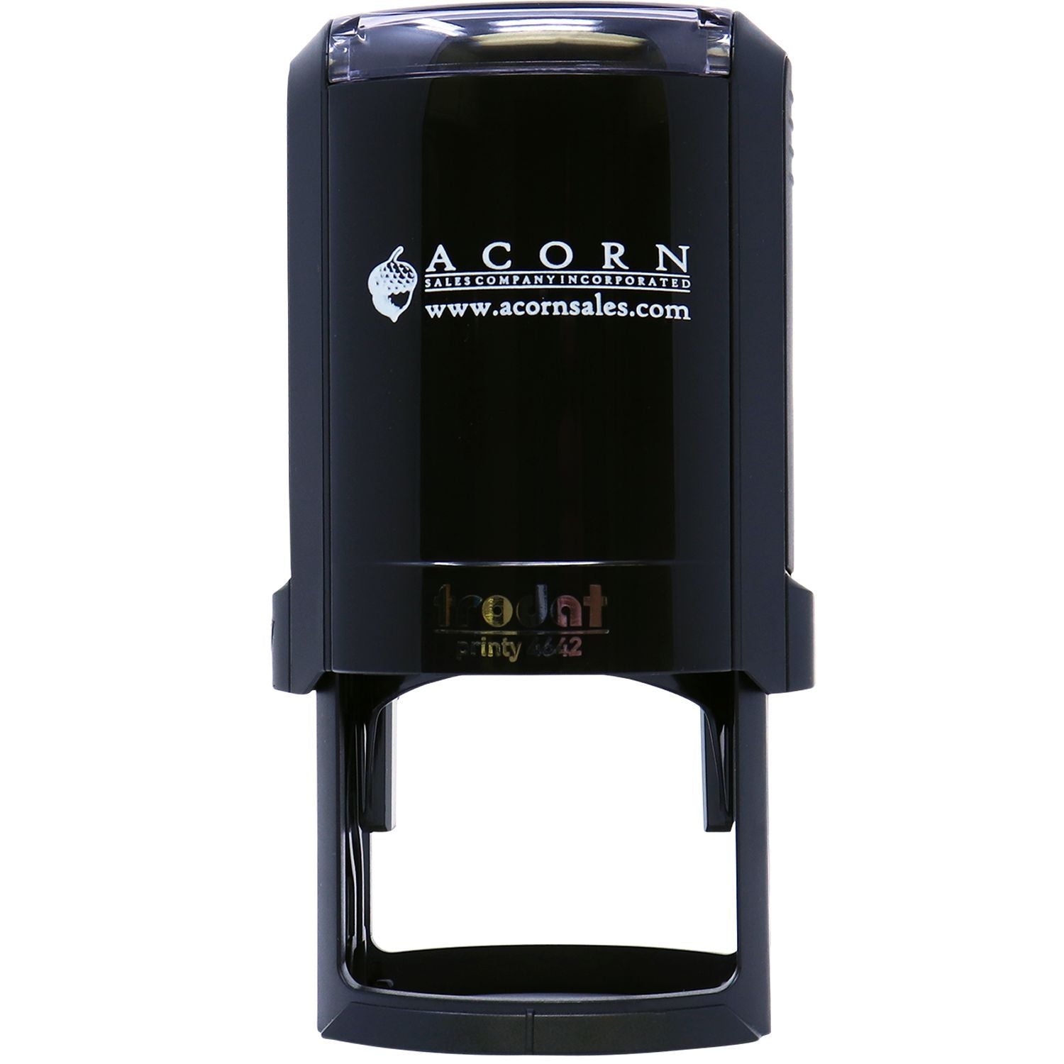Black self-inking rubber stamp with Acorn Sales logo, Trodat Printy 4942 style.