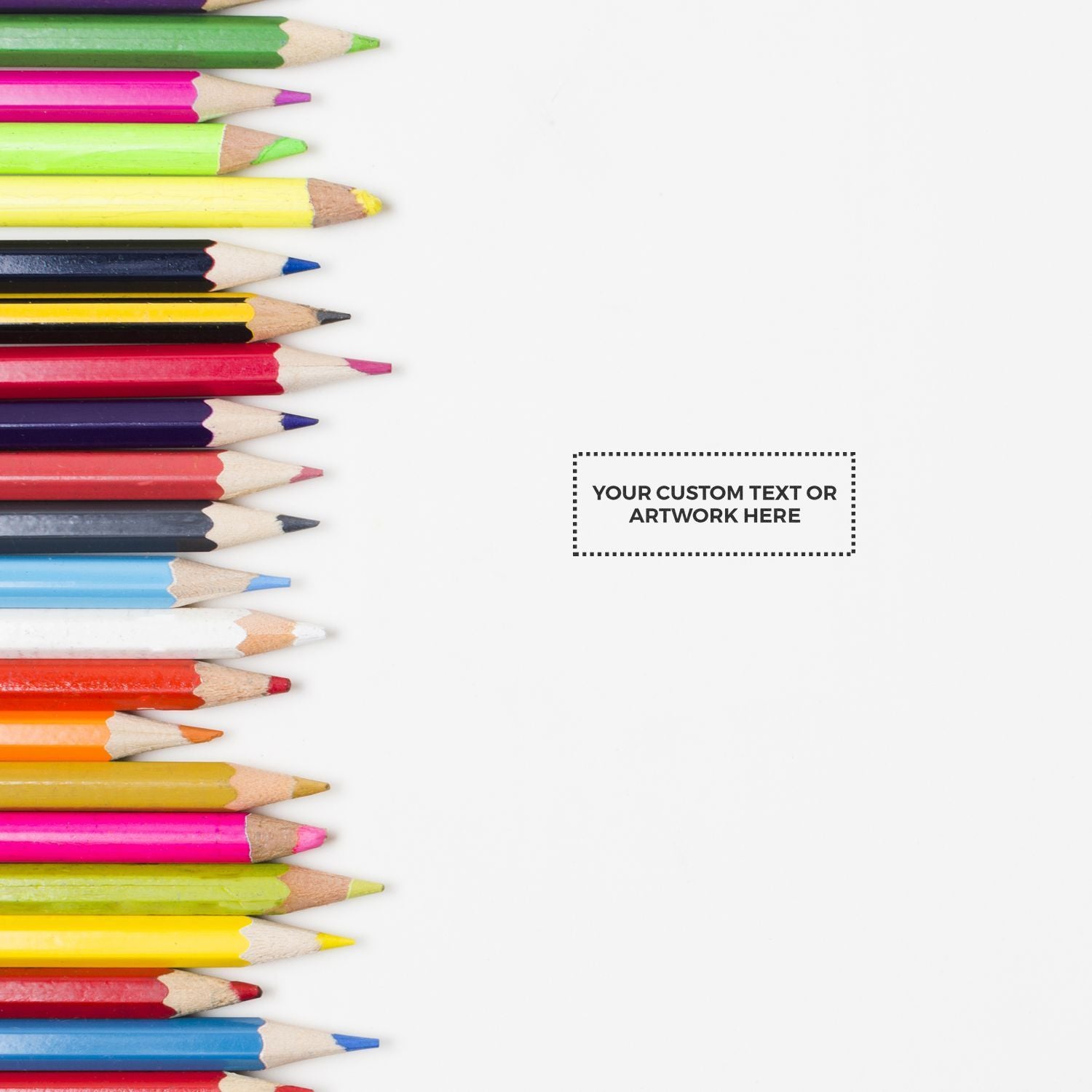 Colorful colored pencils border on white background with blank space for custom text or artwork.