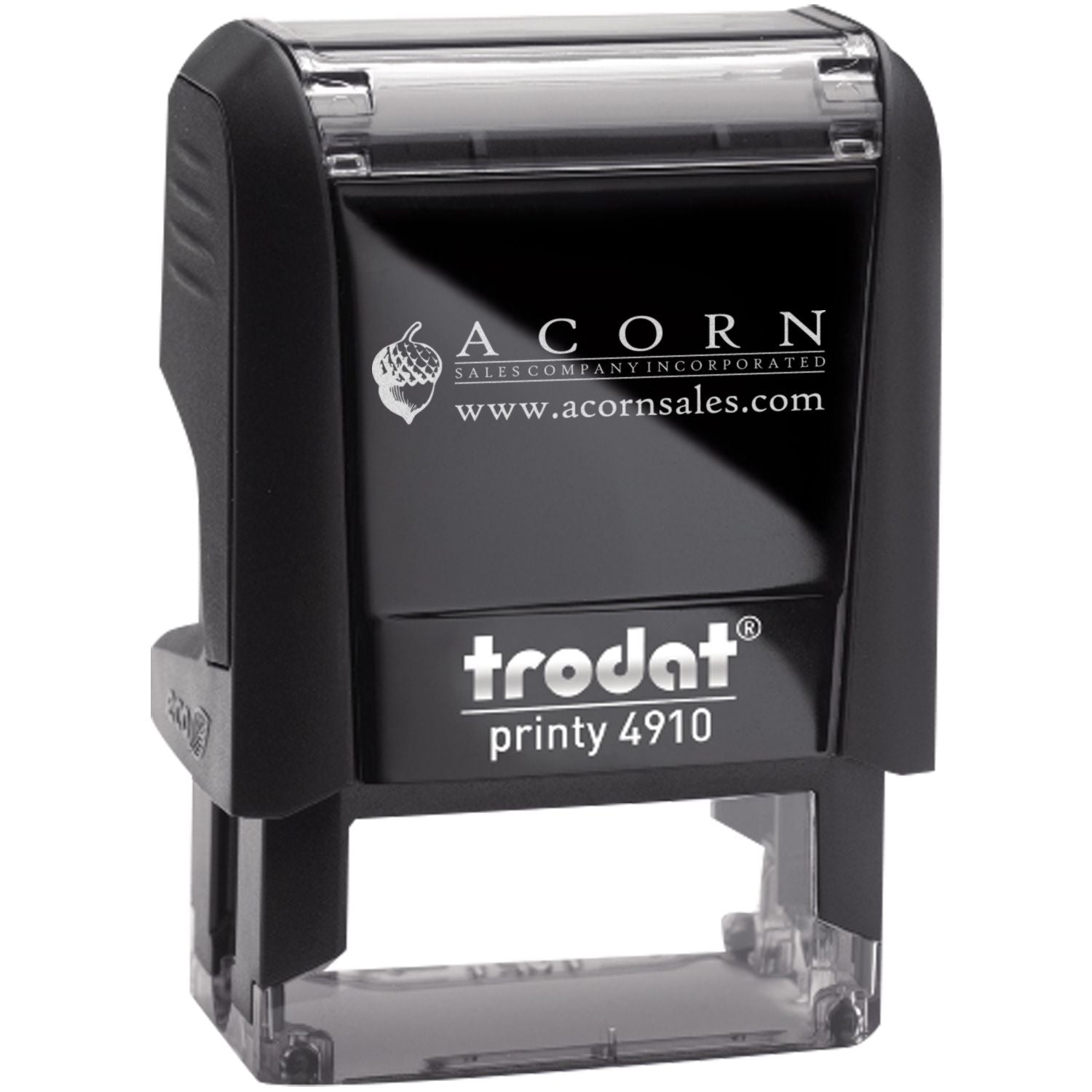 Trodat Printy 4910 self-inking custom business stamp with Acorn Sales Company logo, black and clear design.