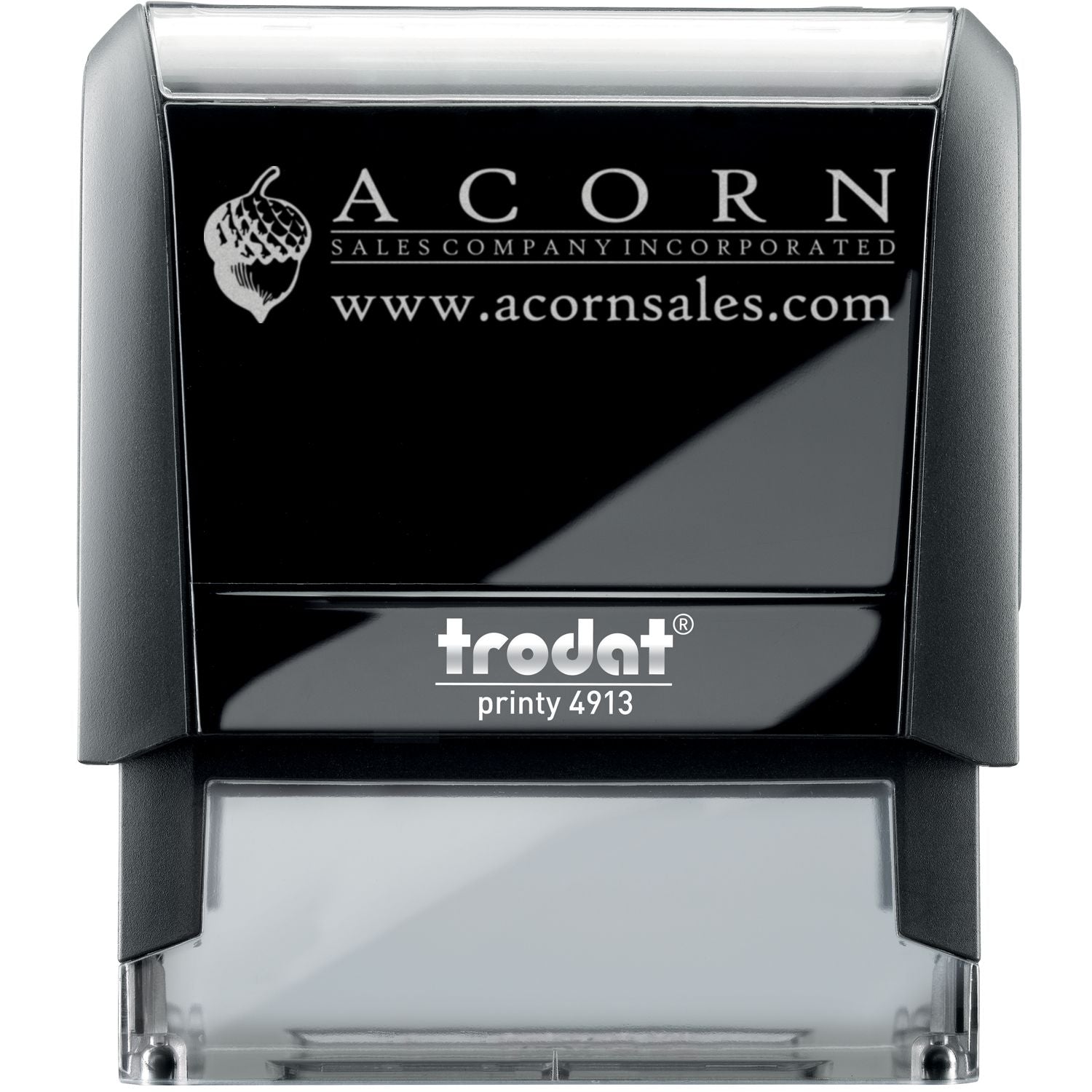 Trodat Printy 4913 self-inking custom logo stamp for Acorn Sales Company Incorporated with website text.