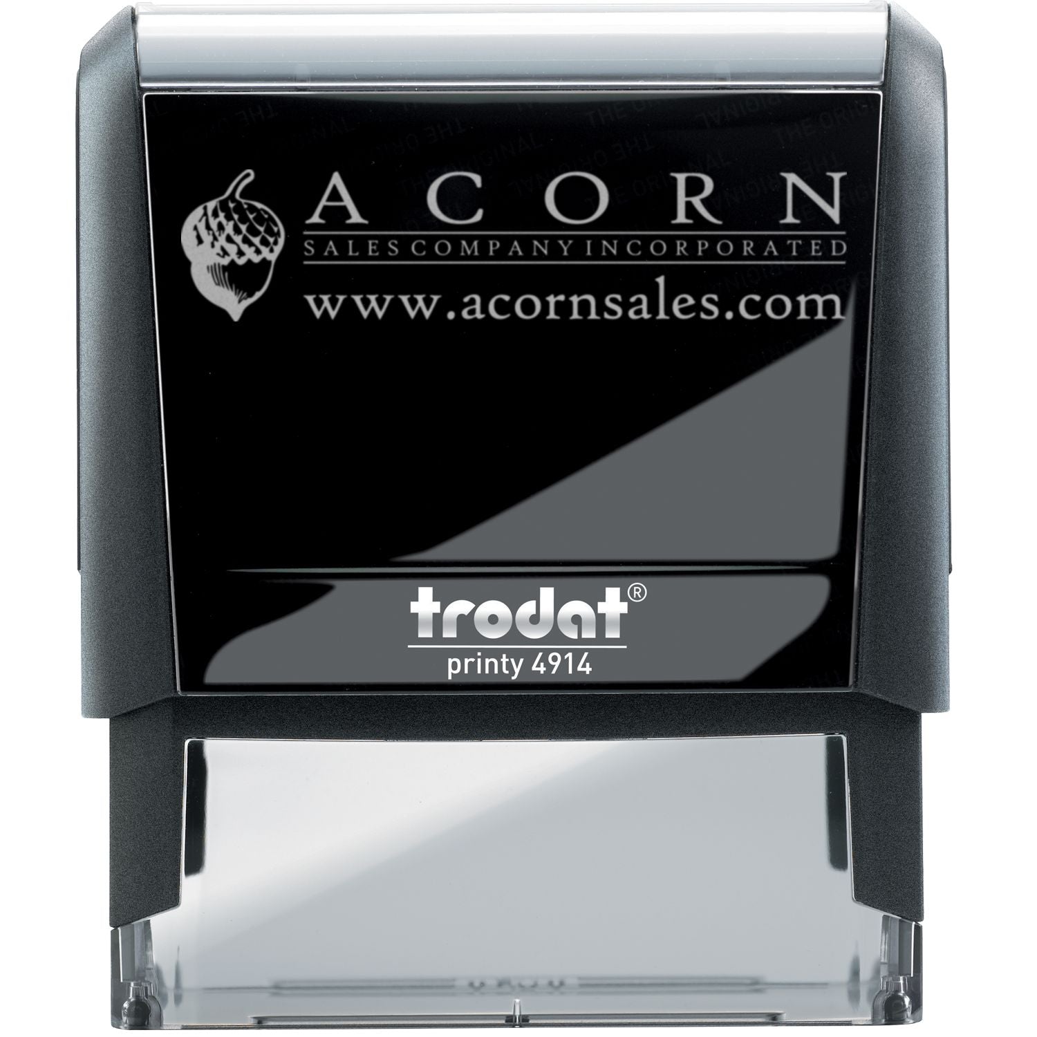Custom Trodat Printy 4914 self-inking stamp with Acorn Sales Company Incorporated logo and website.