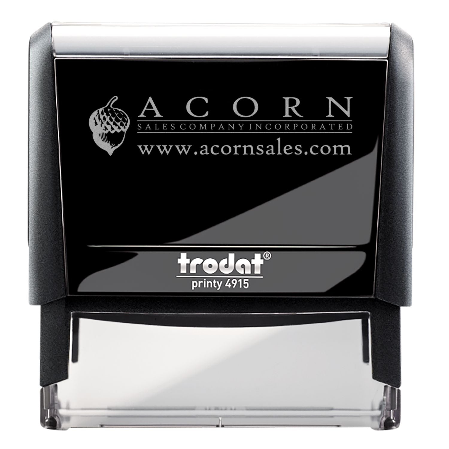 Custom Acorn Sales Company Trodat Printy 4915 self-inking stamp with logo and website.