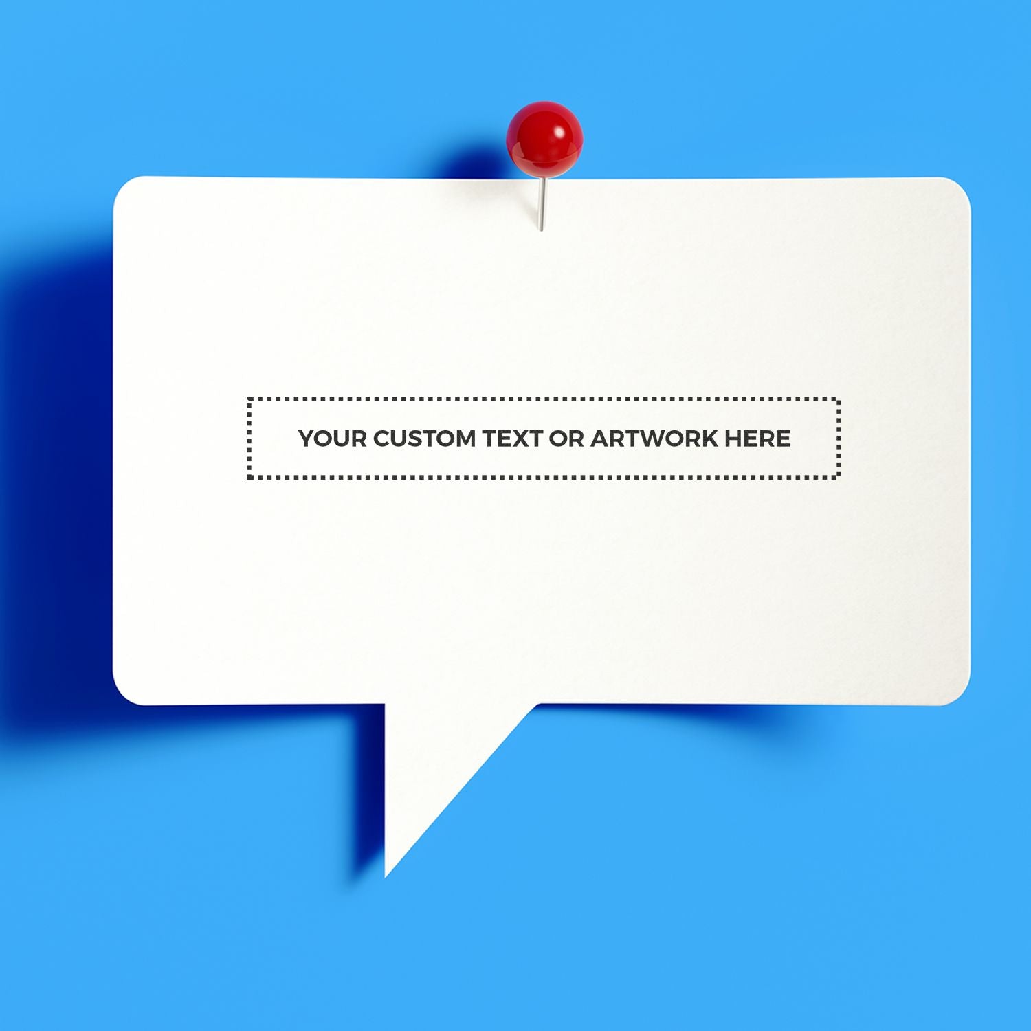 Blank white speech bubble pinned on blue background, customizable text template for social media or messaging design.