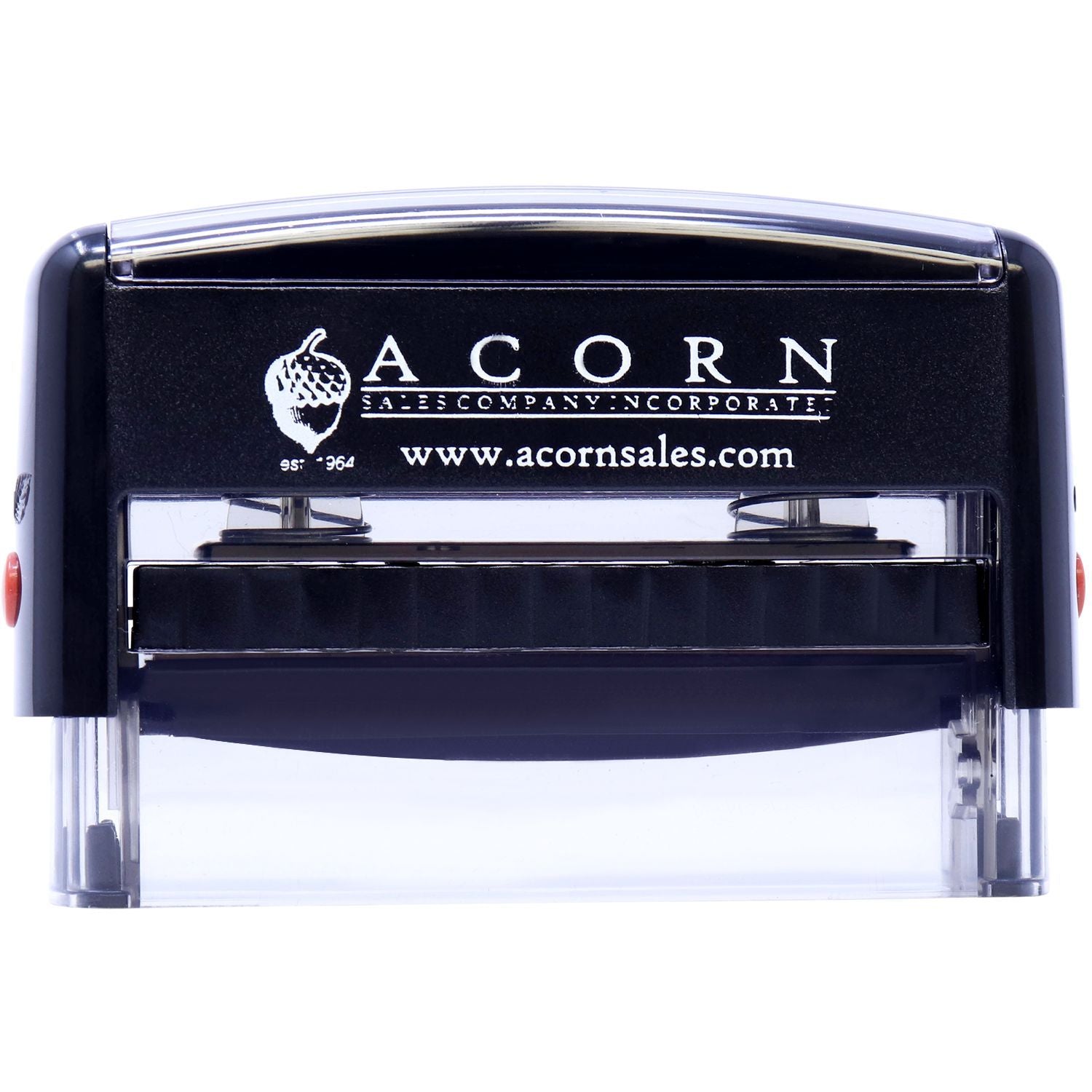 Acorn self-inking rubber stamp with logo and website, black office stamp on white background.