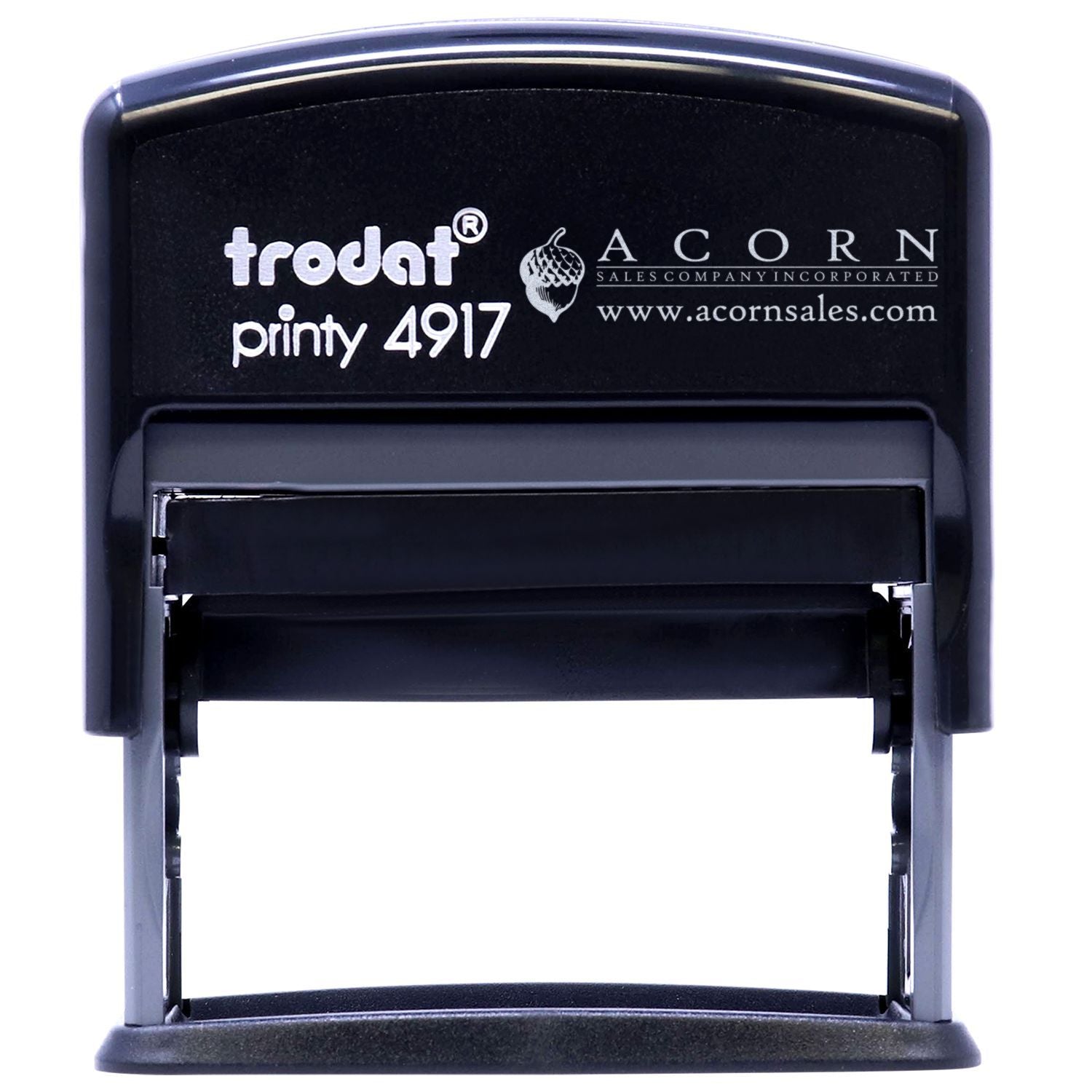 Black Trodat Printy 4917 self-inking rubber stamp by Acorn Sales, front view on white background.