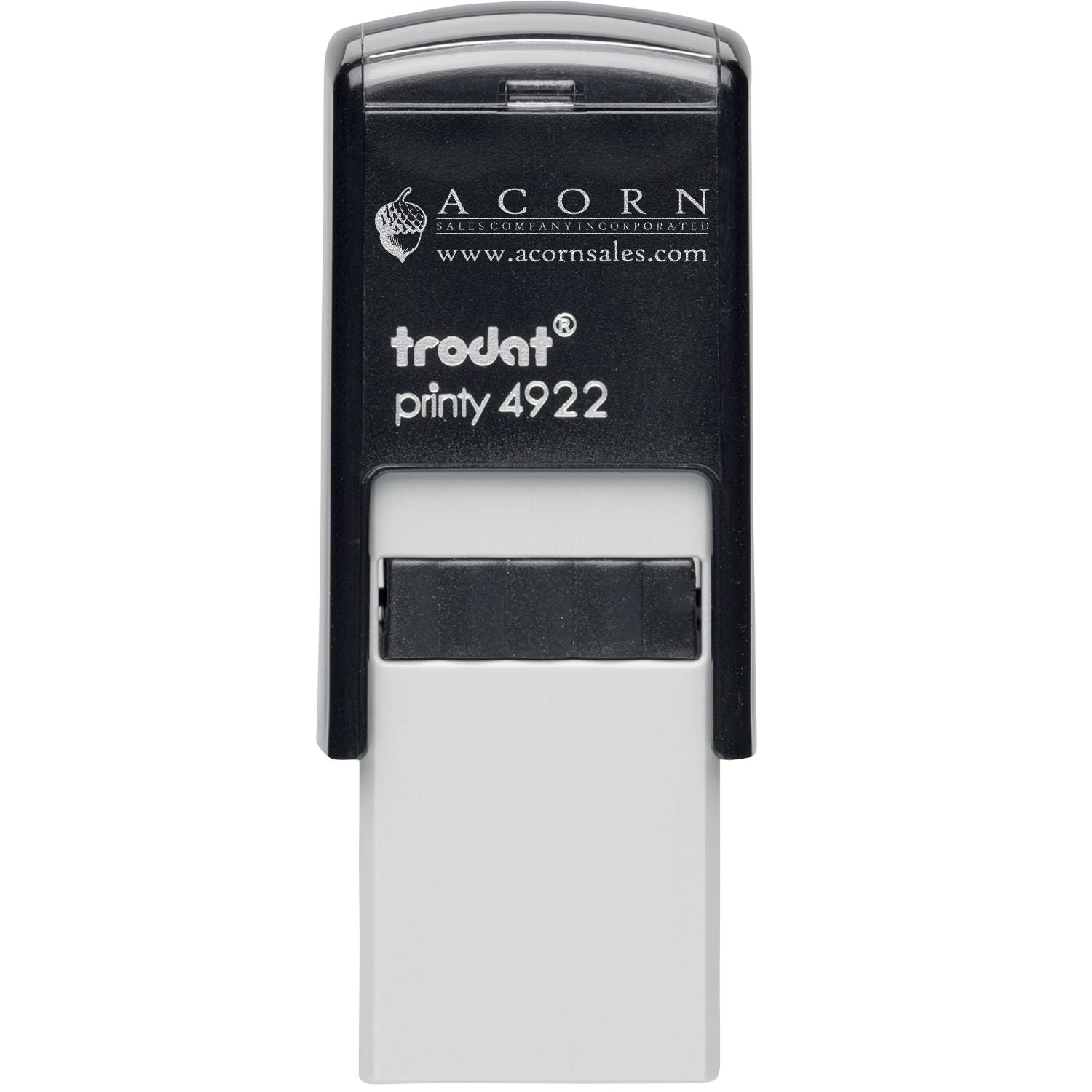 Trodat Printy 4922 self-inking stamp with Acorn Sales branding, black and white custom rubber stamp.