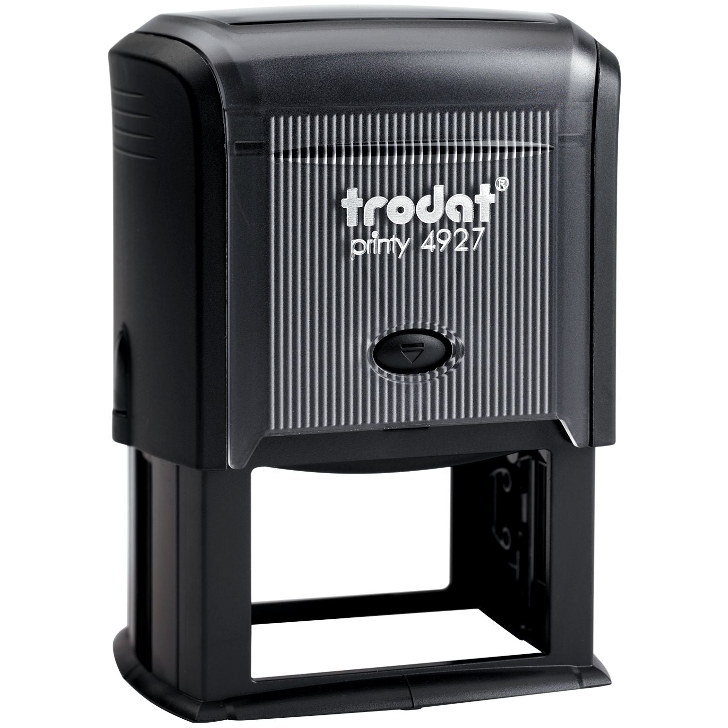 Trodat Printy 4927 self-inking stamp on white background, black office rubber stamp tool