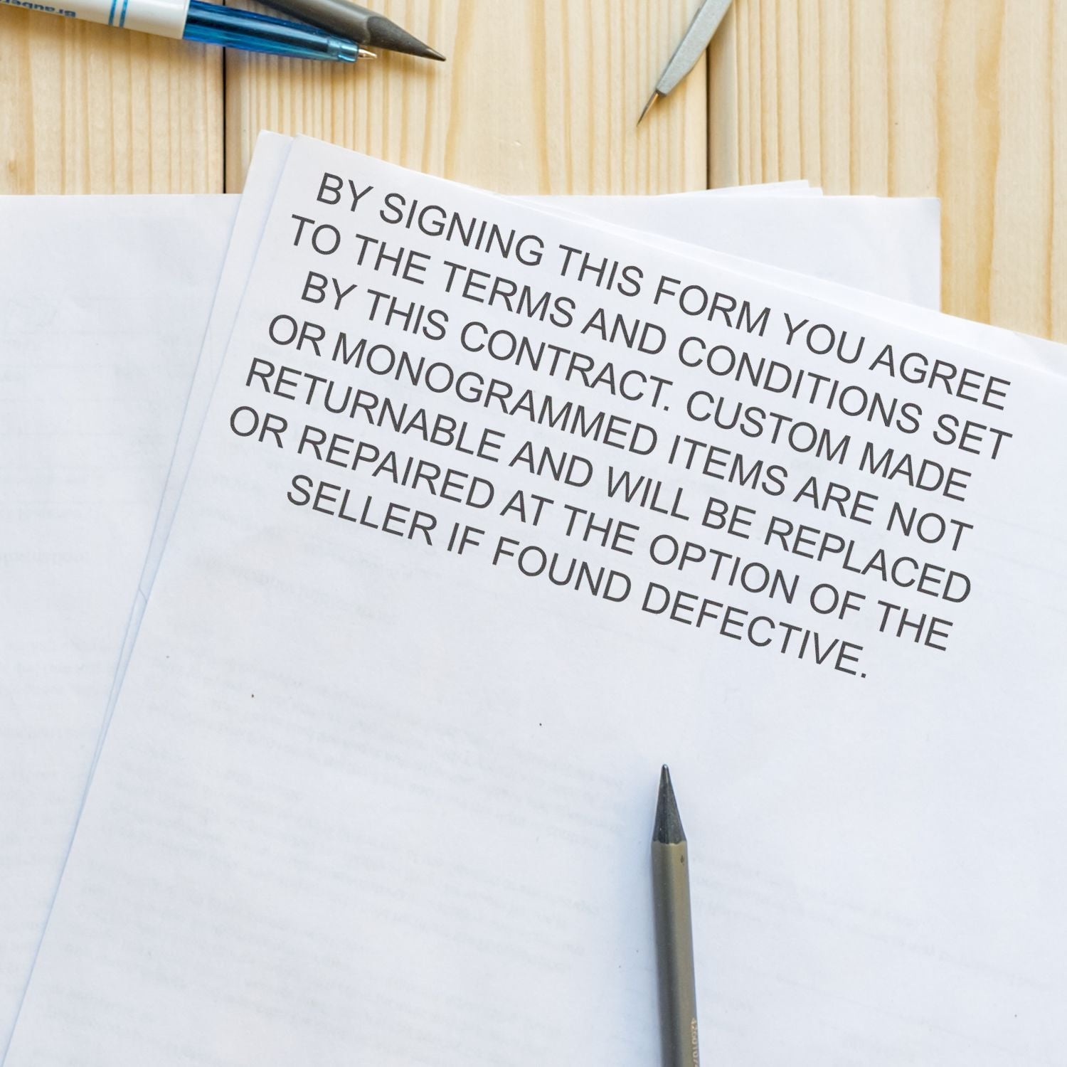 Contract form with terms: sign to agree to returnable items, replace defects, and non-refundable service policy.