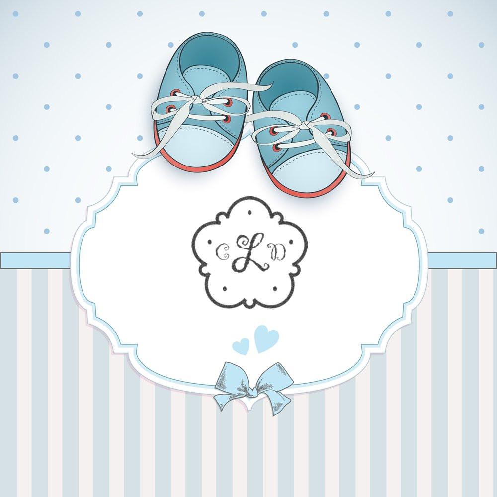 Personalized baby boy rubber stamp design with blue shoes, monogram frame, hearts, and bow for baby shower crafts.
