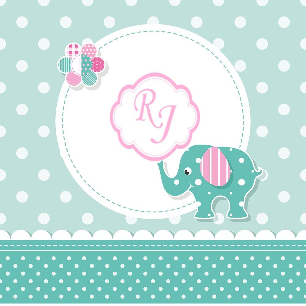 Custom baby shower rubber stamp with pink RJ monogram, teal elephant, and polka dot floral accents.