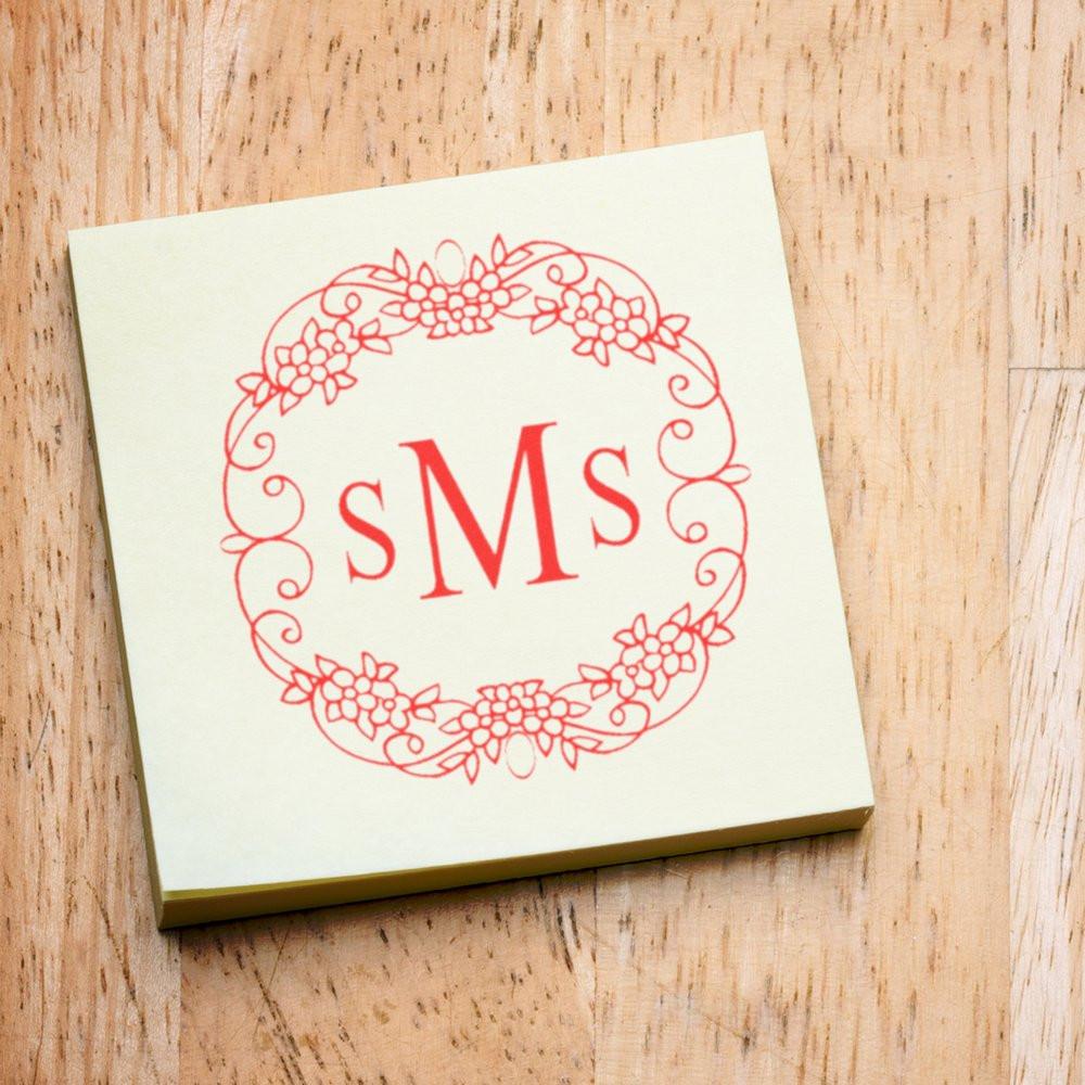 Custom floral monogram rubber stamp with sMs initials for wedding invitations, stationery, and personalized branding.