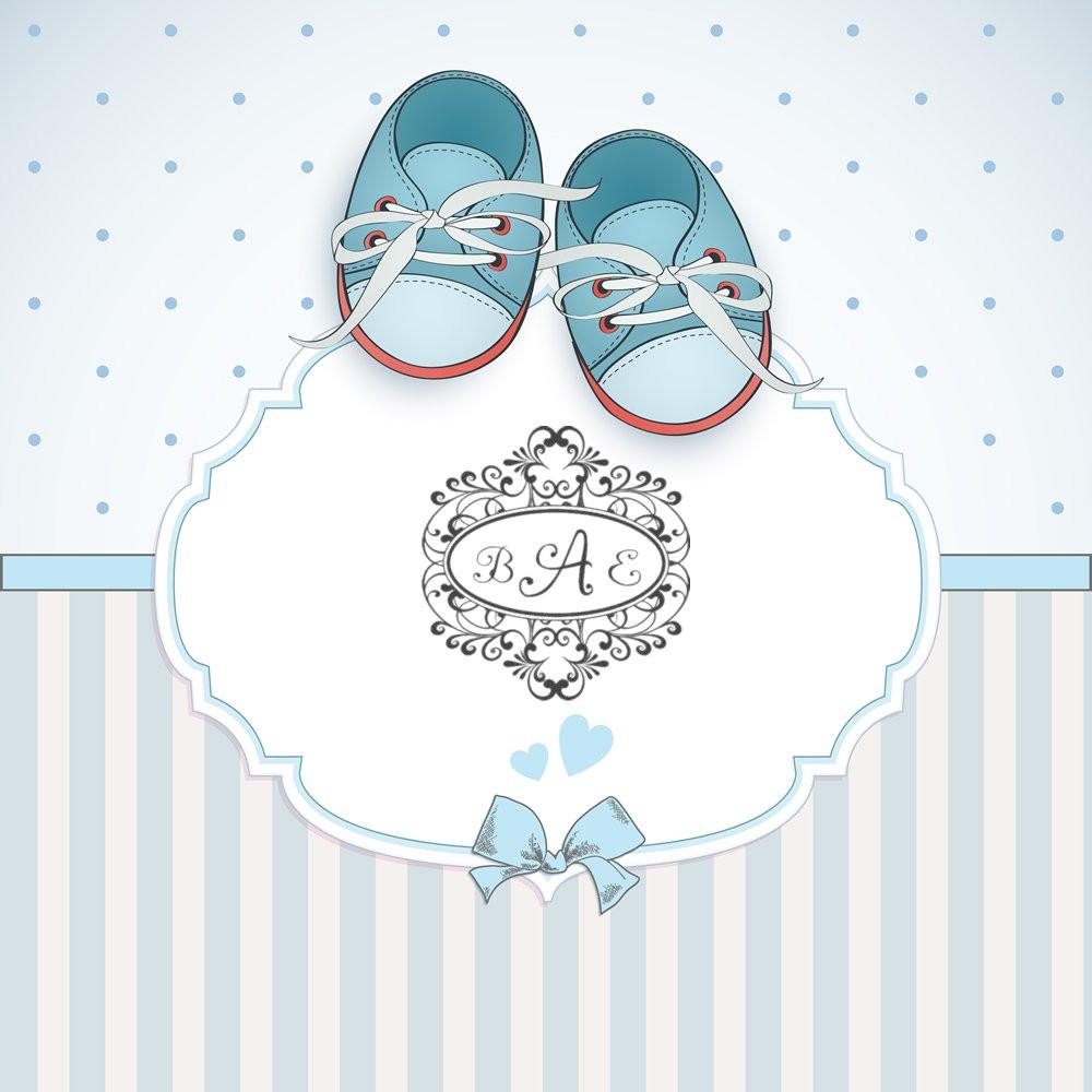 Personalized baby shower rubber stamp with blue shoes, monogram frame, hearts and bow for invitations and nursery stationery
