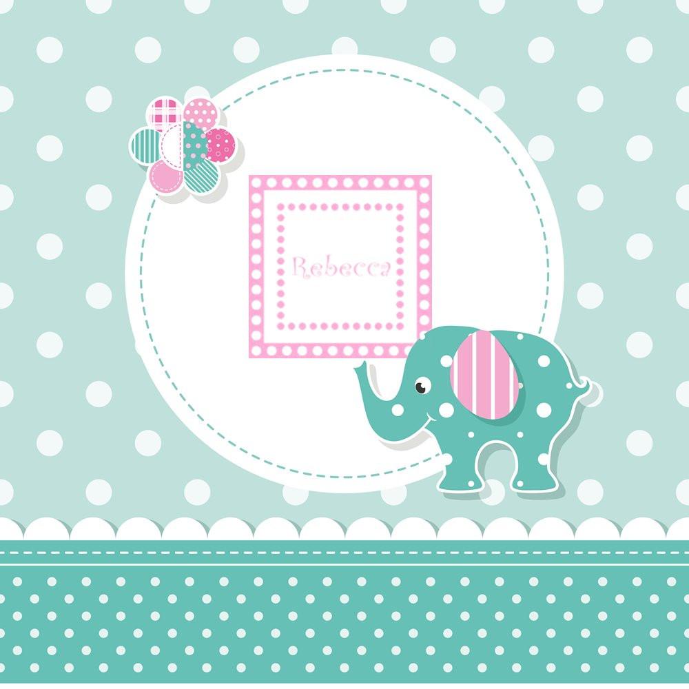 Baby shower rubber stamp design with teal elephant, polka dots, and personalized name frame for Rebecca.