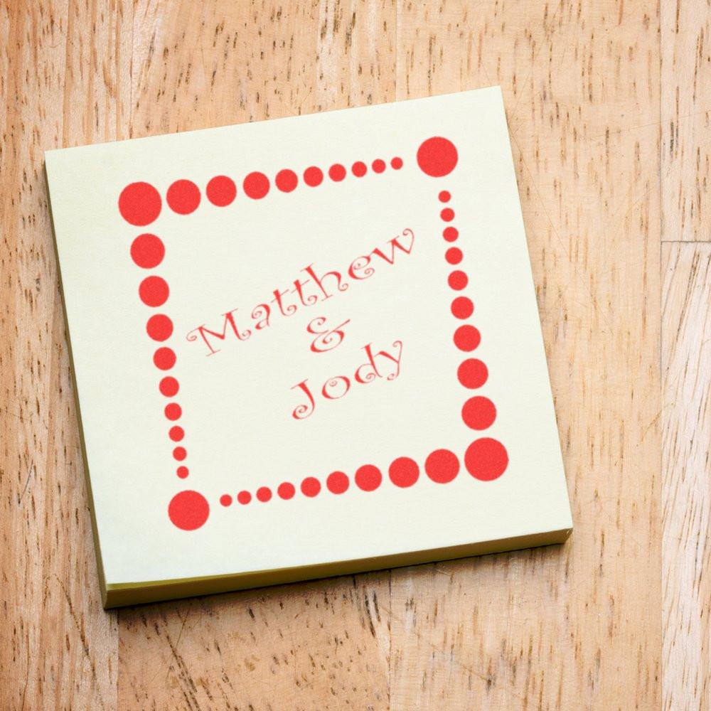 Personalized wedding rubber stamp design with red polka dot border and Matthew & Jody names for custom invitations.