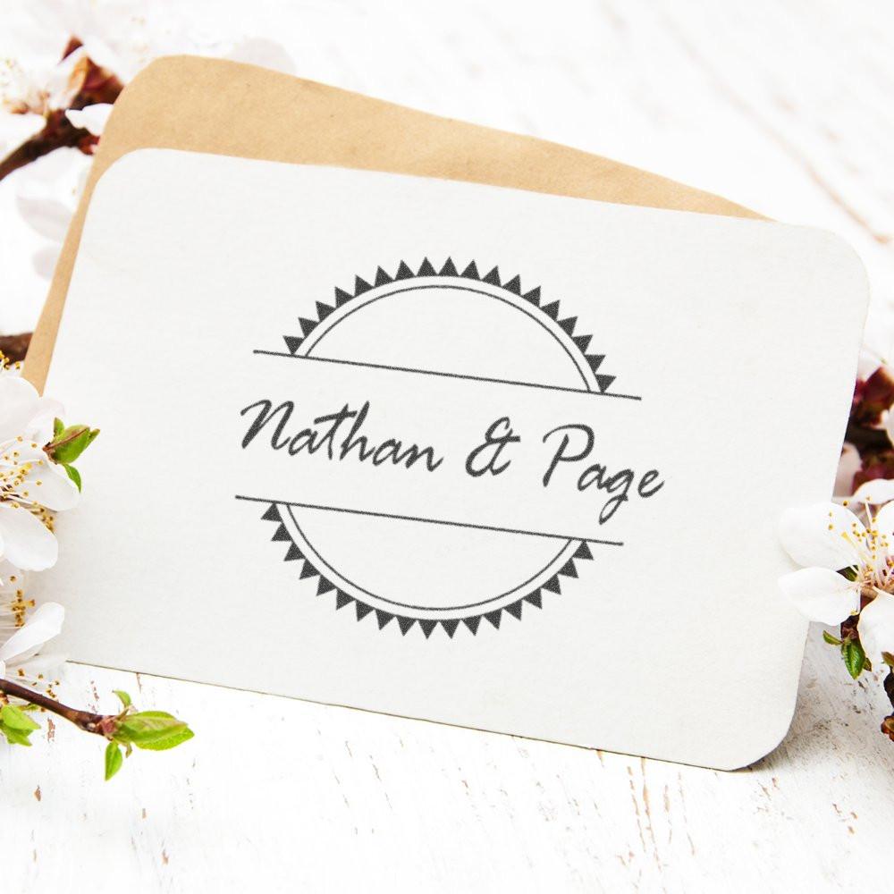 Custom wedding rubber stamp with Nathan & Page in a sunburst circle design for envelopes, stationery, and packaging.