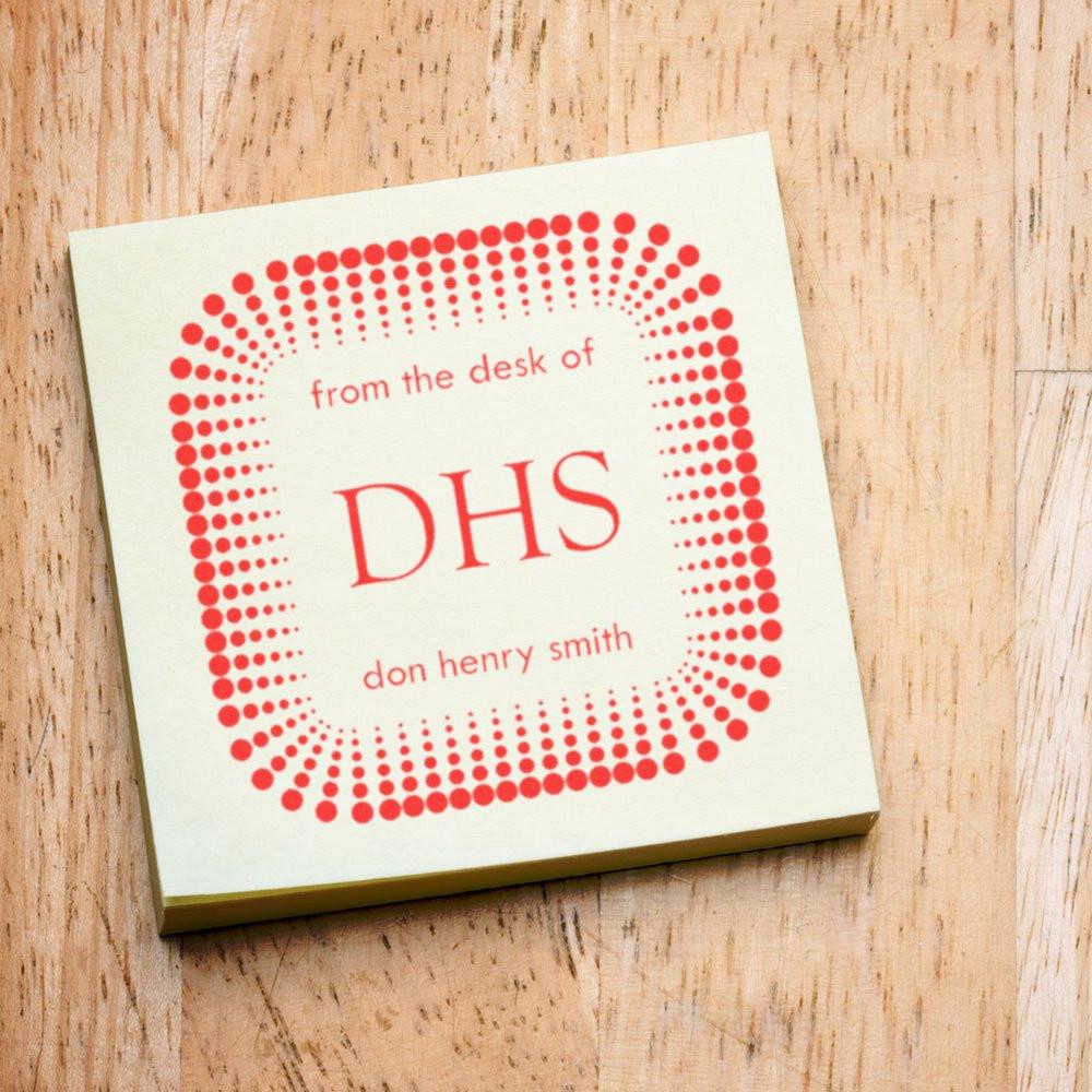 Custom rubber stamp with red dotted border and personalized From the Desk of DHS design for Don Henry Smith.