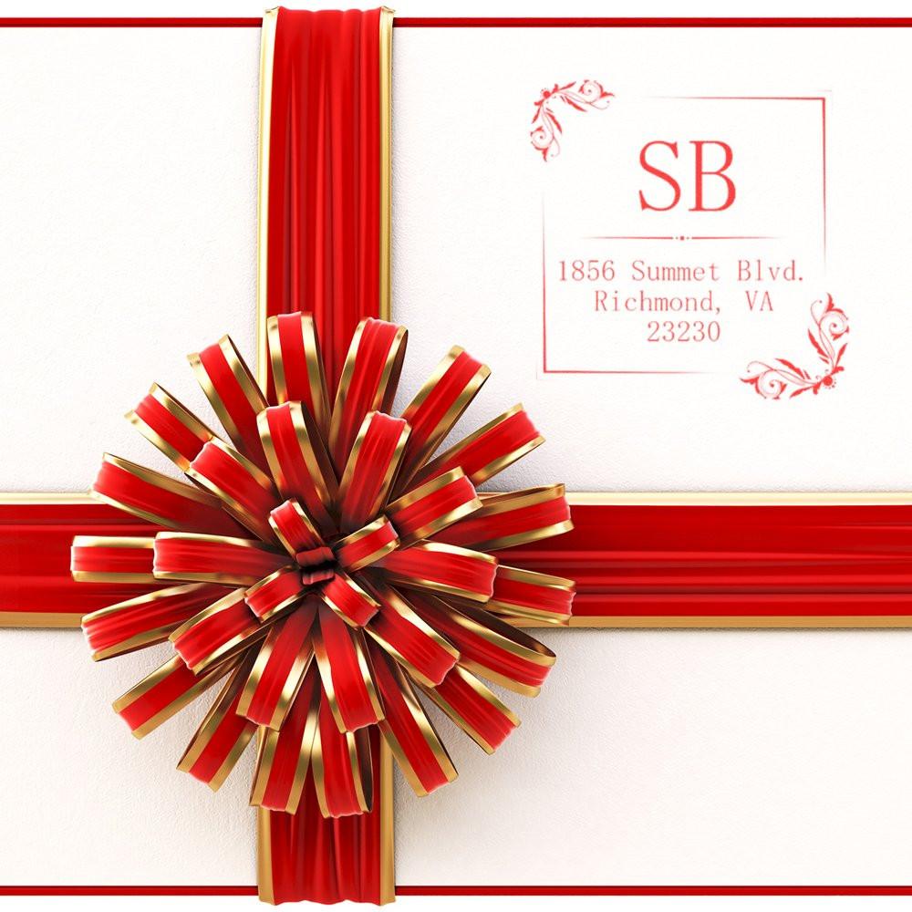 Personalized return address rubber stamp with monogram SB, elegant red and gold wedding stationery design.