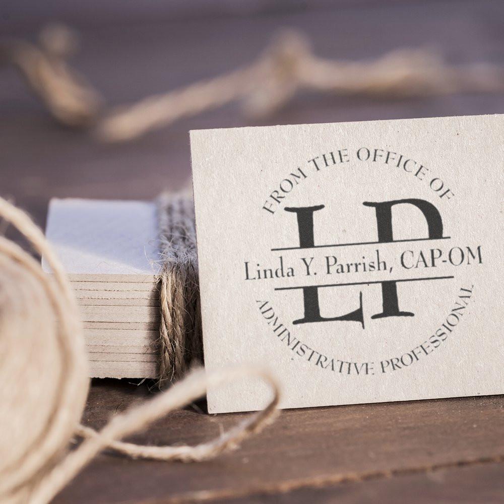 Custom rubber stamp for administrative professional Linda Y. Parrish, CAP-OM, with monogram office branding.