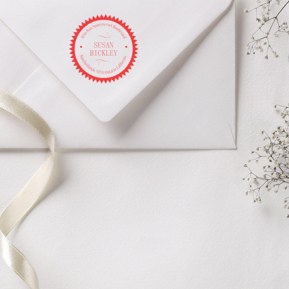Custom circular return address rubber stamp on white envelope, ideal for wedding invitations and personalized stationery.