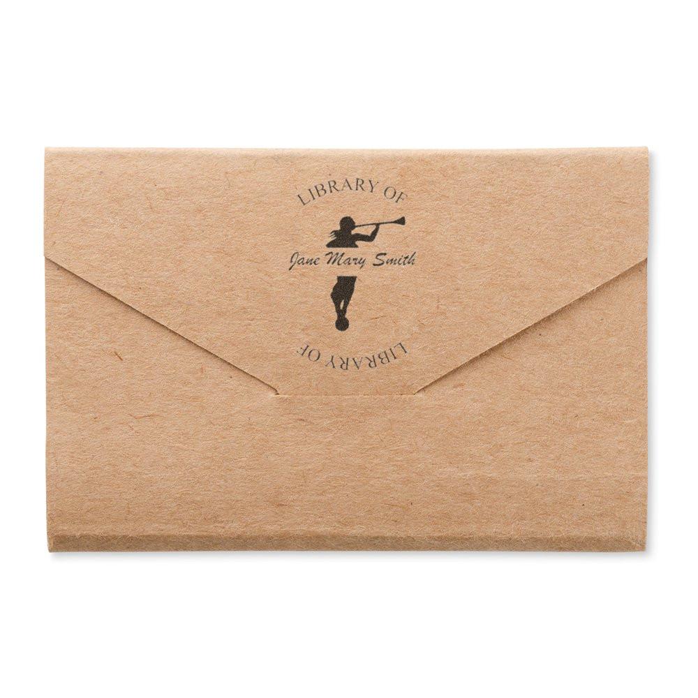 Brown kraft paper envelope labeled Library of Jane Mary Smith with runner logo, ideal for library mail and invitation delivery.