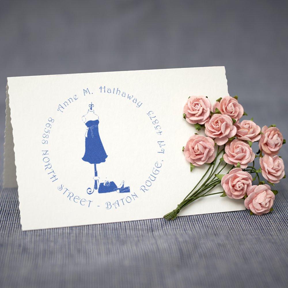 Custom rubber address stamp with fashion dress logo, ideal for boutique branding, wedding stationery, and return address envelopes.