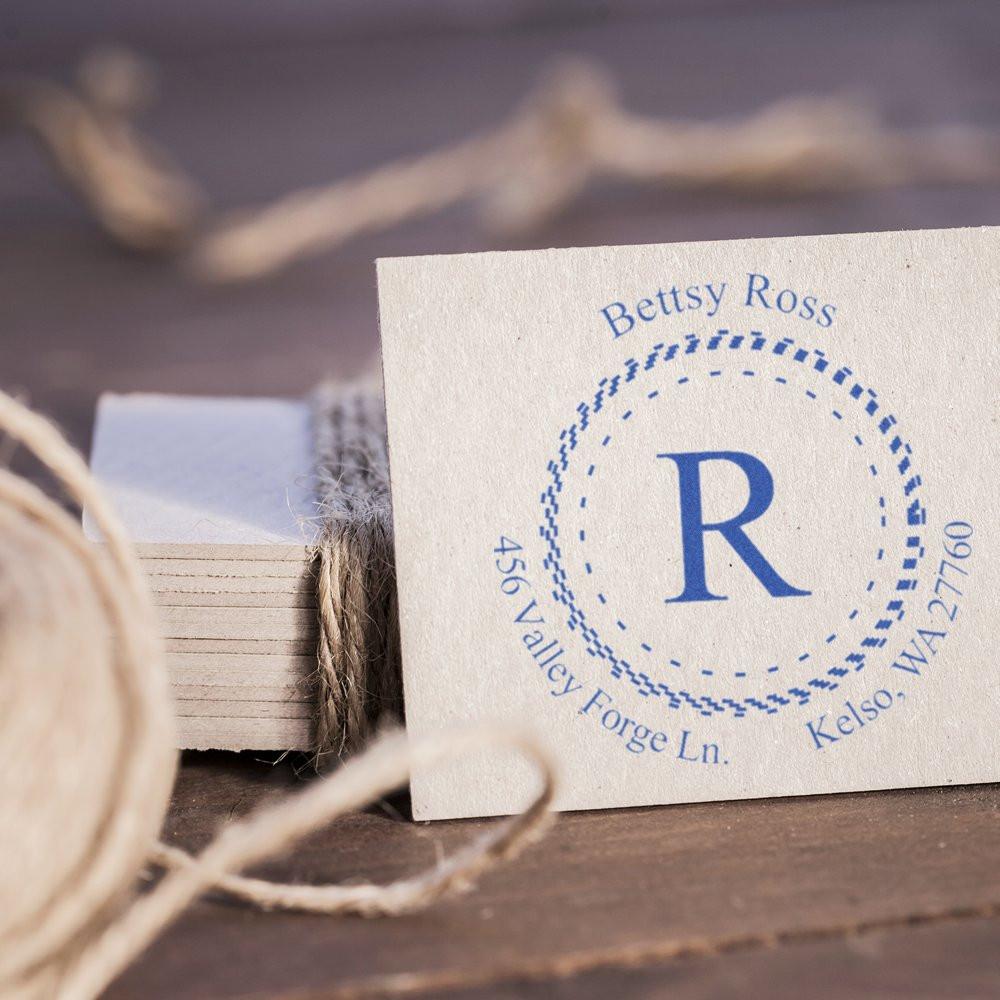 Custom monogram return address rubber stamp for Bettsy Ross, featuring initial R for personalized stationery.