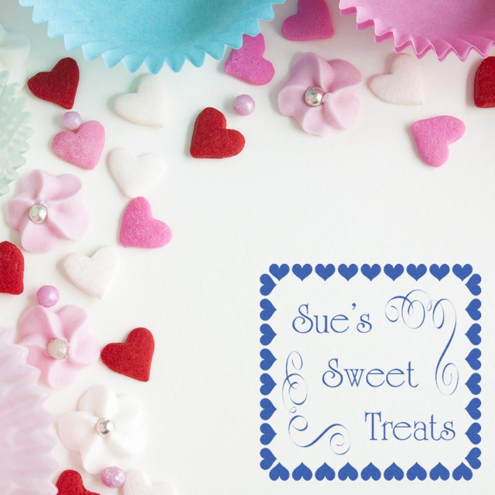 Custom rubber stamp with heart border and Sues Sweet Treats for cupcake favors, candy bags, and bakery packaging.