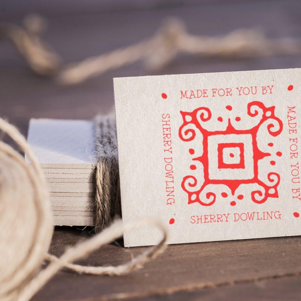 Custom rubber stamp imprint on cardstock reading Made for You by Sherry Dowling, for personalized branding and packaging.