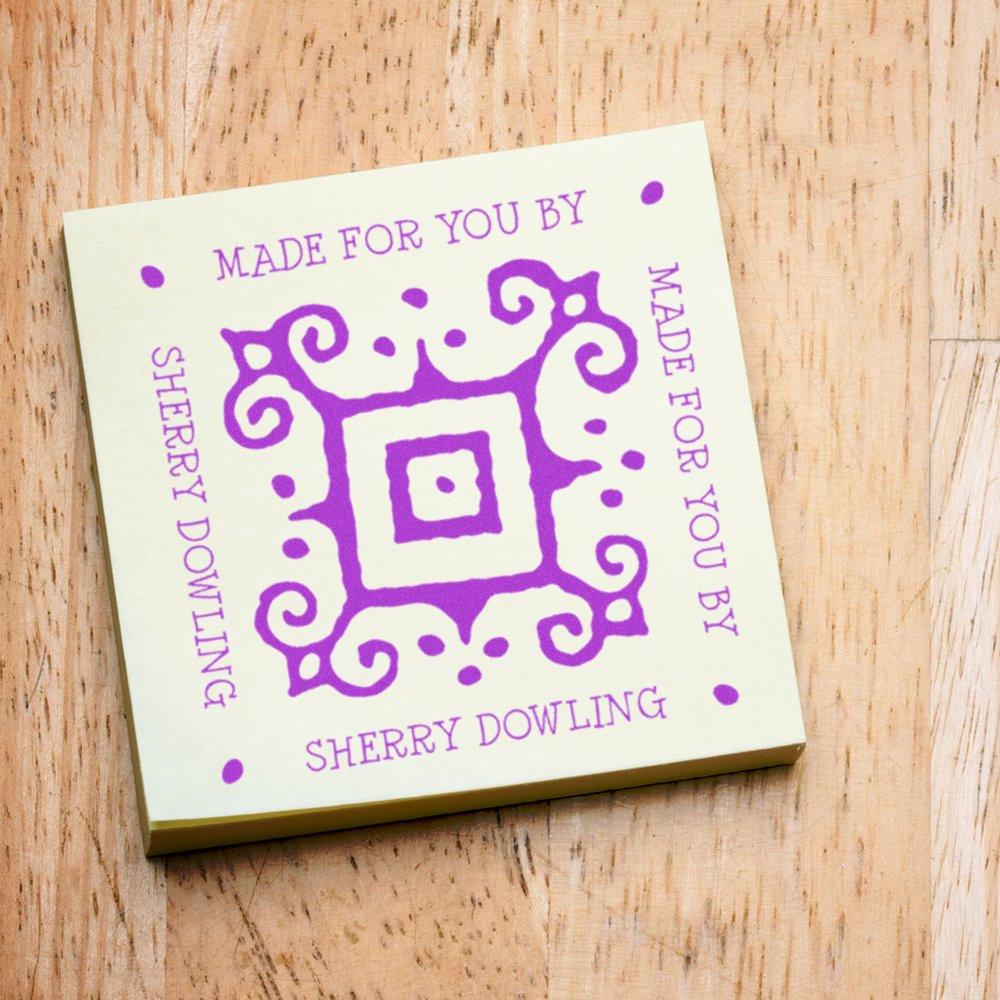 Custom rubber stamp with purple Made for You By Sherry Dowling design for handmade packaging and gift tags.