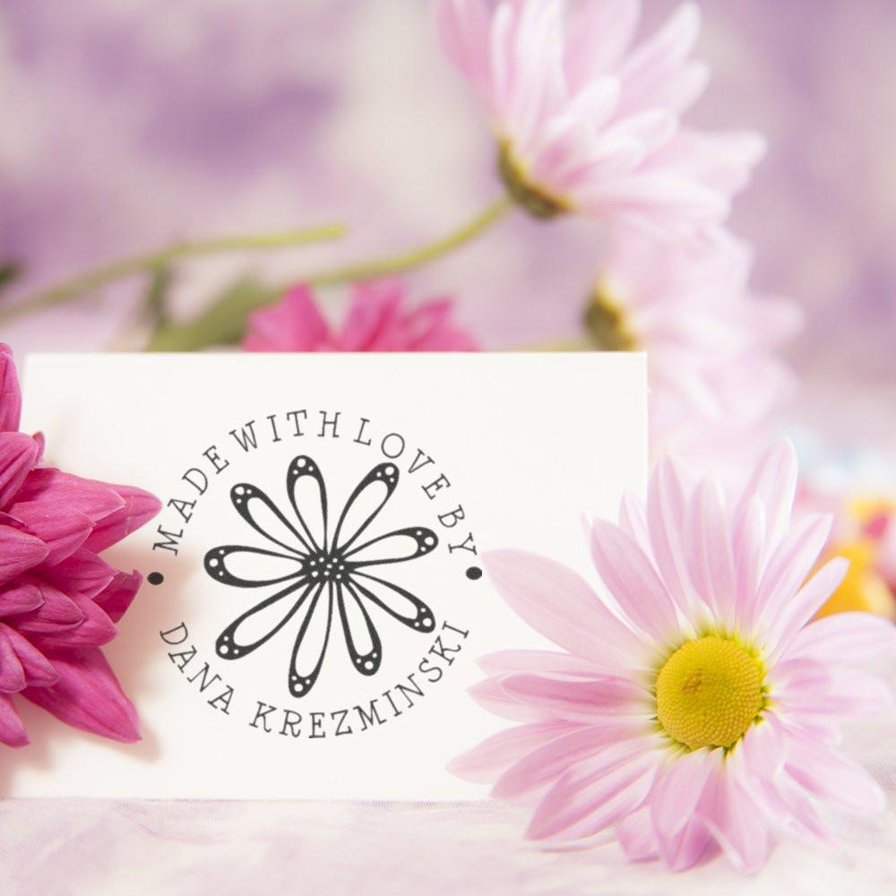 Custom floral rubber stamp with Made with Love by Dana Krzezminski for handmade packaging and craft branding.