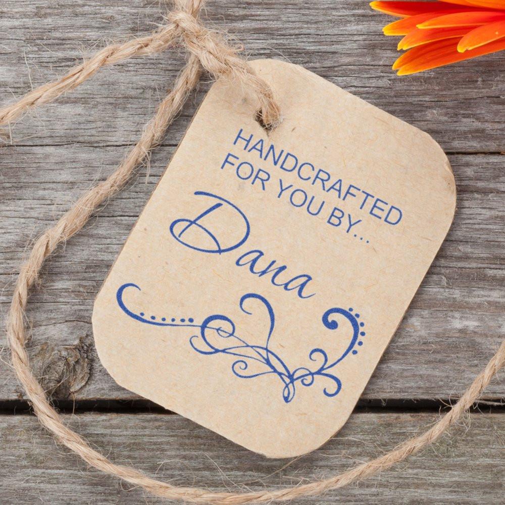 Handcrafted rubber stamp design on kraft gift tag with Handcrafted for you by Dana for handmade product packaging.