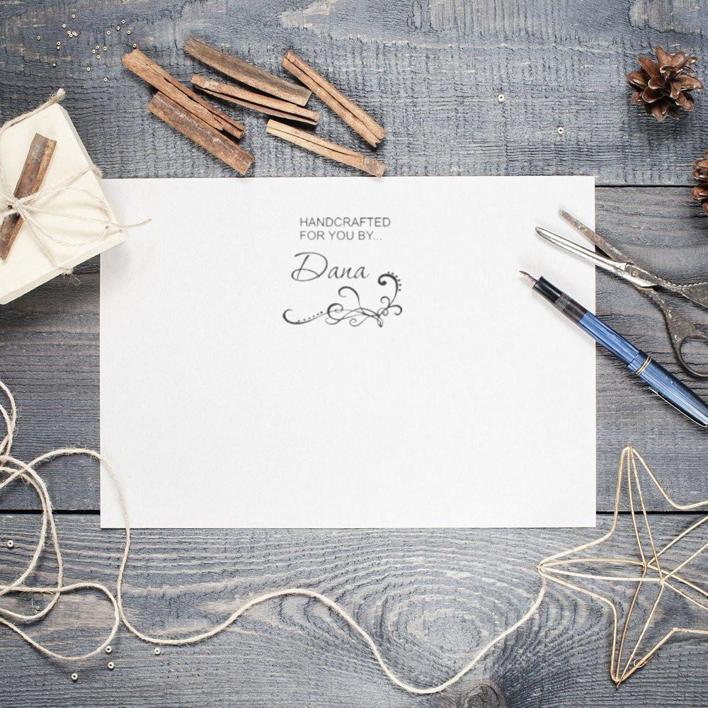 Custom rubber stamp on cardstock with Handcrafted for you by Dana design, perfect for handmade product packaging.