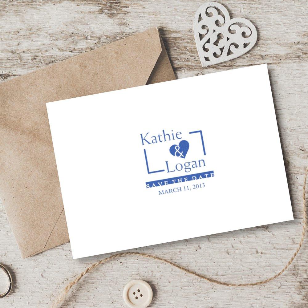 Personalized wedding save the date rubber stamp for Kathie and Logan on a white card with kraft envelope.