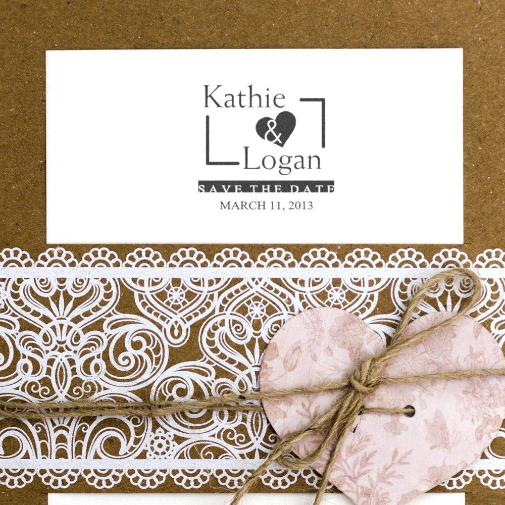 Custom wedding save the date rubber stamp with names Kathie and Logan, heart icon, and March 11, 2013 date.
