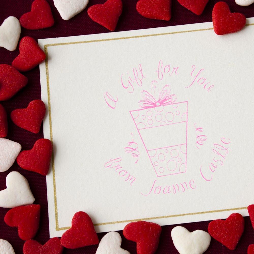 Custom Valentines rubber stamp reading A Gift for You with a gift box illustration and heart decorations.
