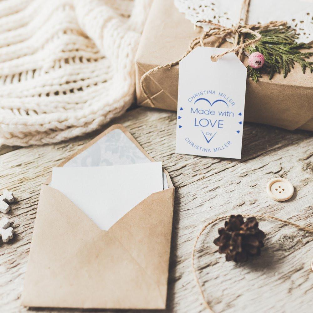 Custom rubber stamp tag reading Made with Love for handmade gifts, packaging, and stationery branding.