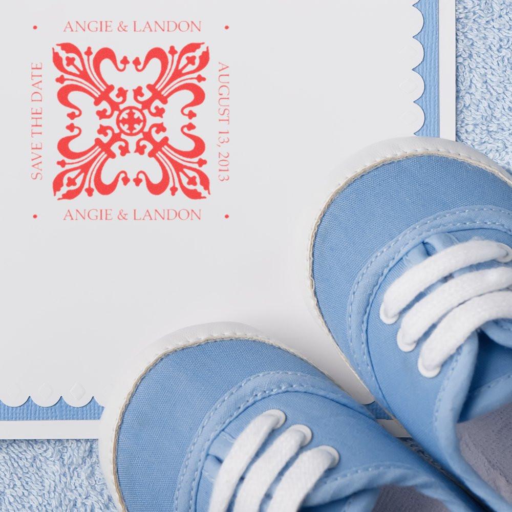Custom wedding save the date rubber stamp with ornate monogram, Angie and Landon names, and August 13, 2013 date.