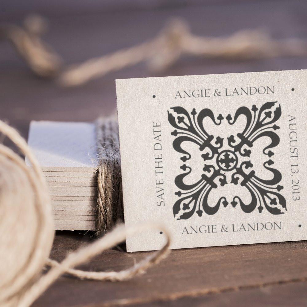 Custom save the date rubber stamp with ornate monogram, Angie & Landon, and August 13, 2013 wedding details