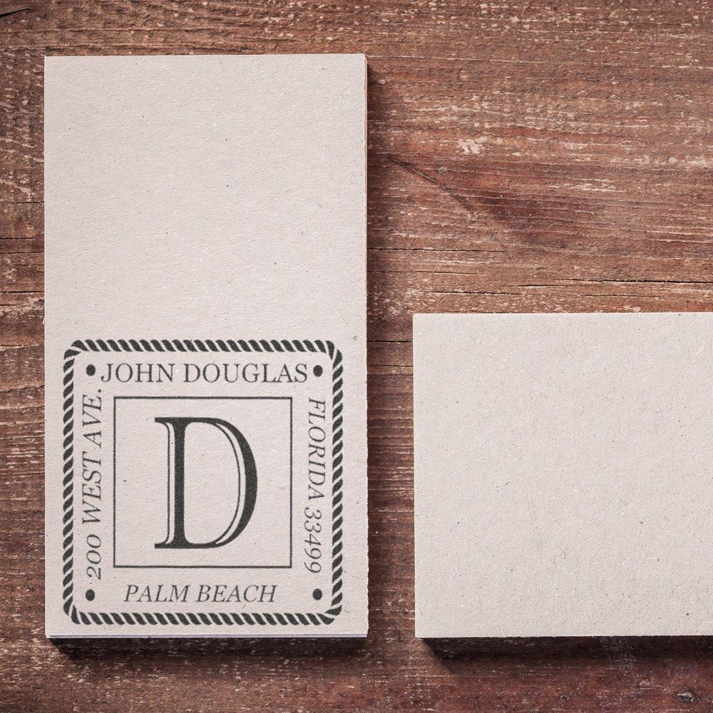 Custom monogram rubber stamp imprint for John Douglas, Palm Beach, Florida return address.