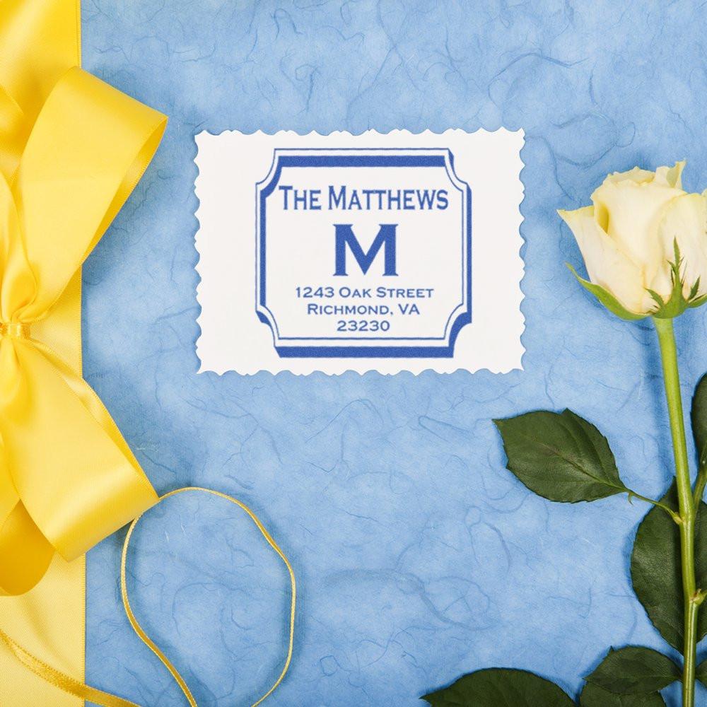 Personalized return address rubber stamp for The Matthews, featuring monogram M and Richmond, VA address on a decorative card.