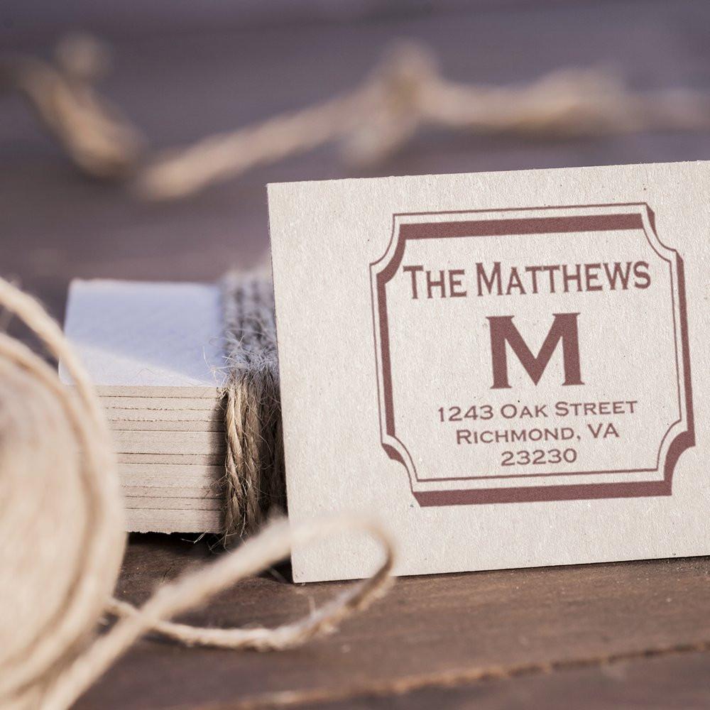 Custom return address rubber stamp for The Matthews family, featuring monogram M and Richmond, VA mailing address.