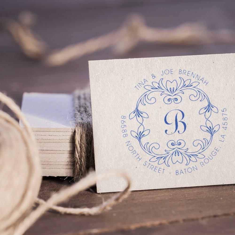 Custom floral monogram return address rubber stamp for wedding invitations and envelopes