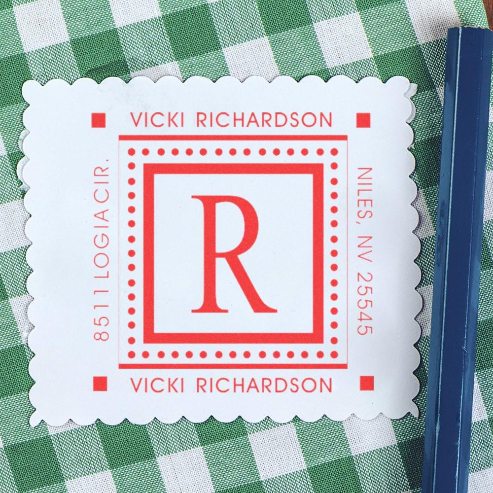 Custom personalized return address rubber stamp featuring monogram R for Vicki Richardson, Niles, NV 25545.