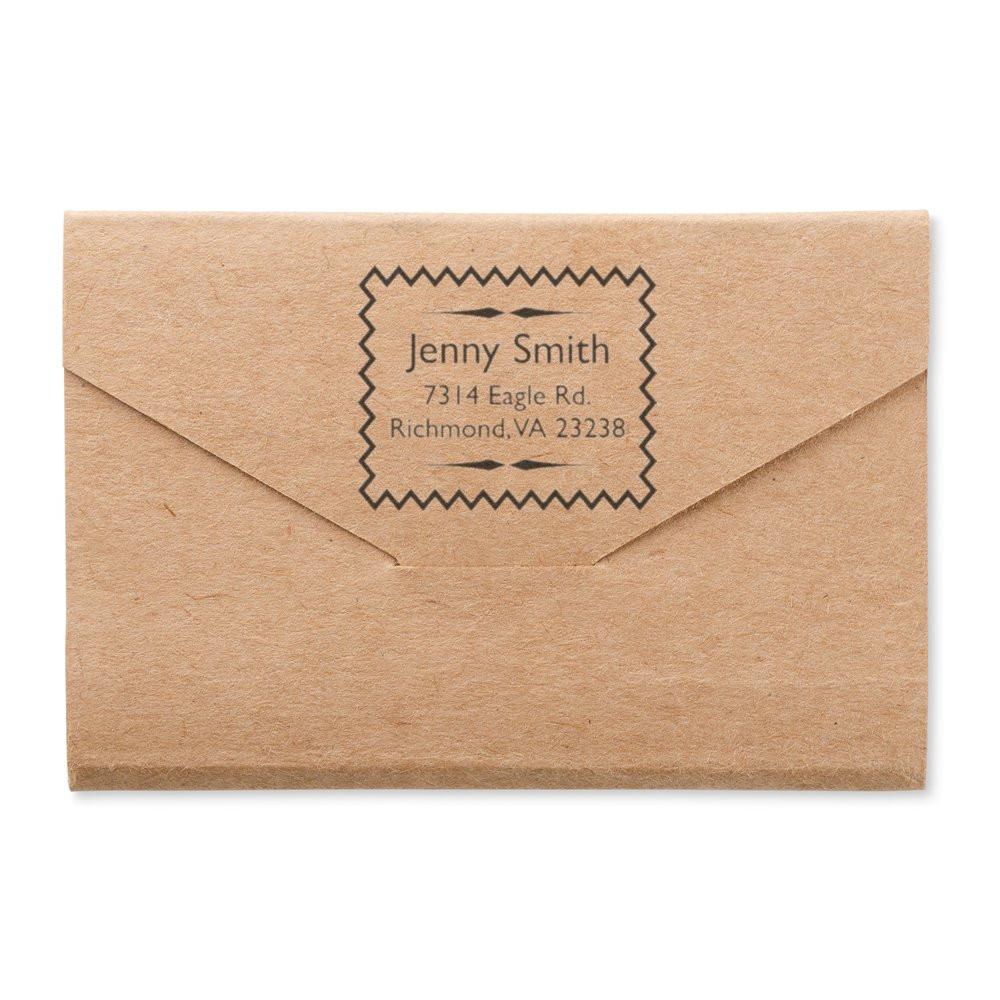 Custom return address rubber stamp on kraft envelope with name and address design