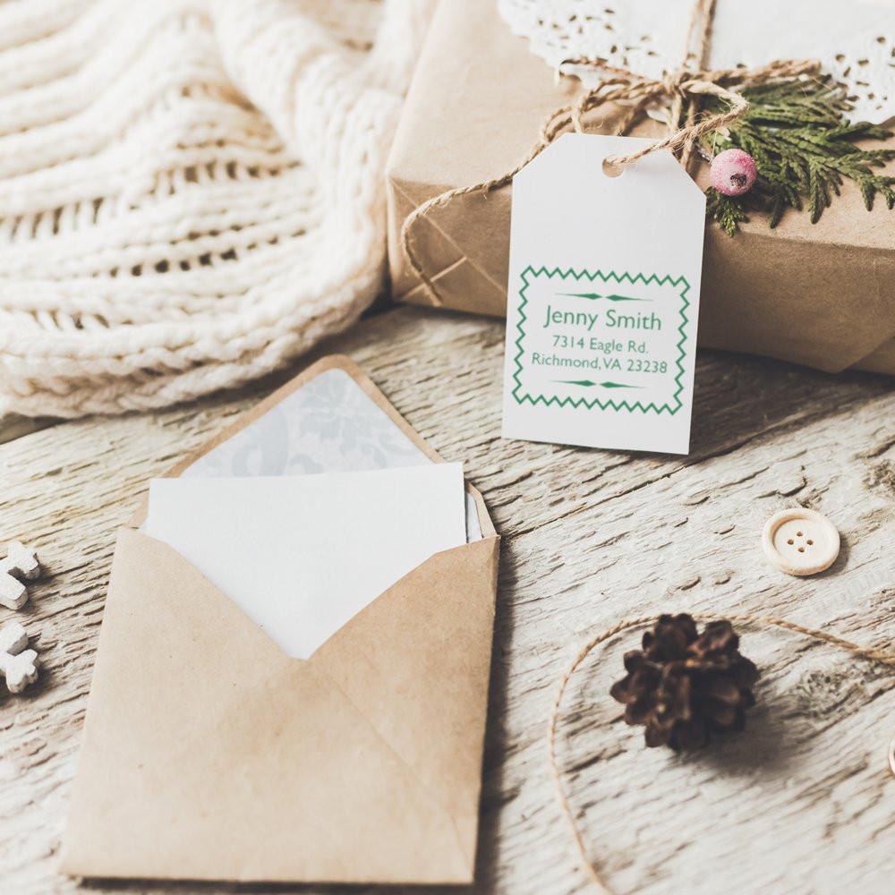 Custom return address rubber stamp on gift tag and envelope for rustic handmade gift packaging